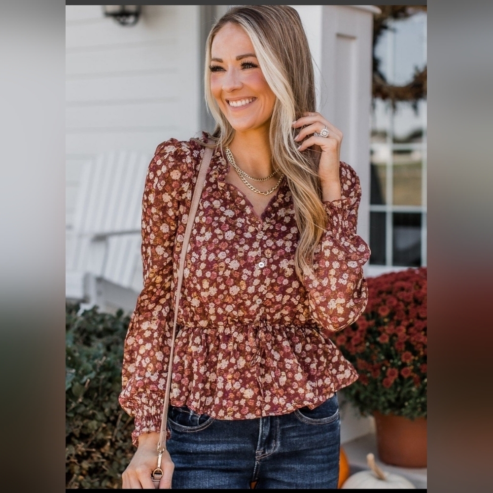 Blu Pepper Floral Peplum Blouse - Brown